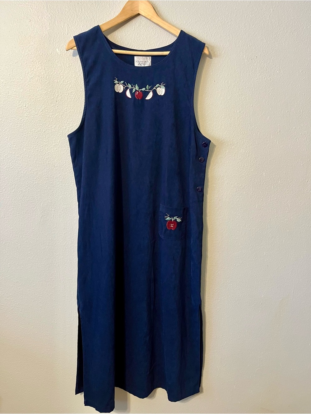 Vintage 90s Christopher & Banks Jumper Apple Embroidered Teacher Dress Navy Blue